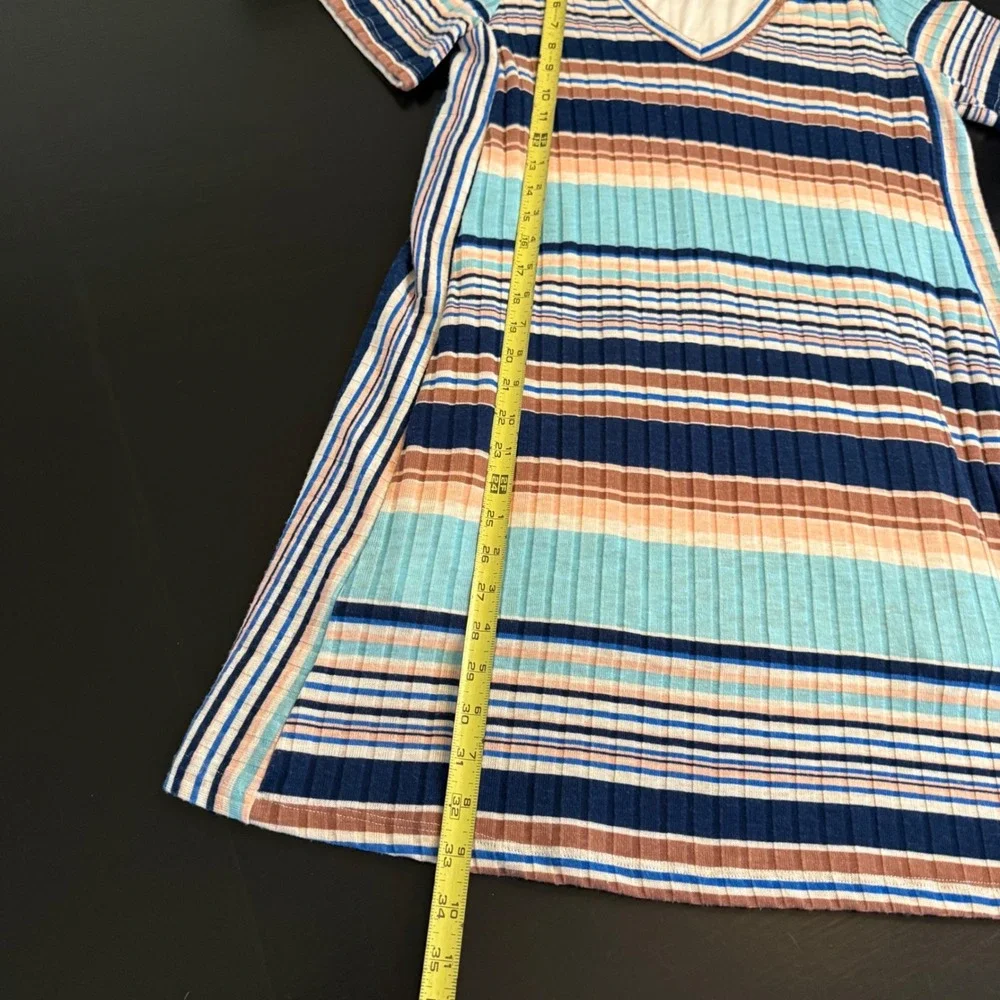 Verse Womens Striped Ribbed Knit V-Neck T-Shirt Dress Blue Tan Size M 2459DR‎